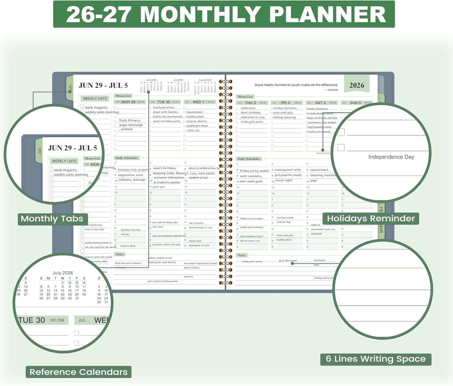 Appointment Book 2026-2027- Business Planner, JUL 2026 - JUN 2027,Planner 2026-2027, 3-Tier Schedule Planner, 8.74" x 11.38", 60 Minutes Intervals + Monthly Tabs + Leather Cover + Pocket - Pea Green