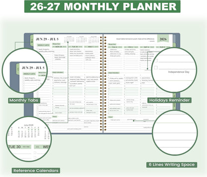 Appointment Book 2026-2027- Business Planner, JUL 2026 - JUN 2027,Planner 2026-2027, 3-Tier Schedule Planner, 8.74" x 11.38", 60 Minutes Intervals + Monthly Tabs + Leather Cover + Pocket - Pea Green