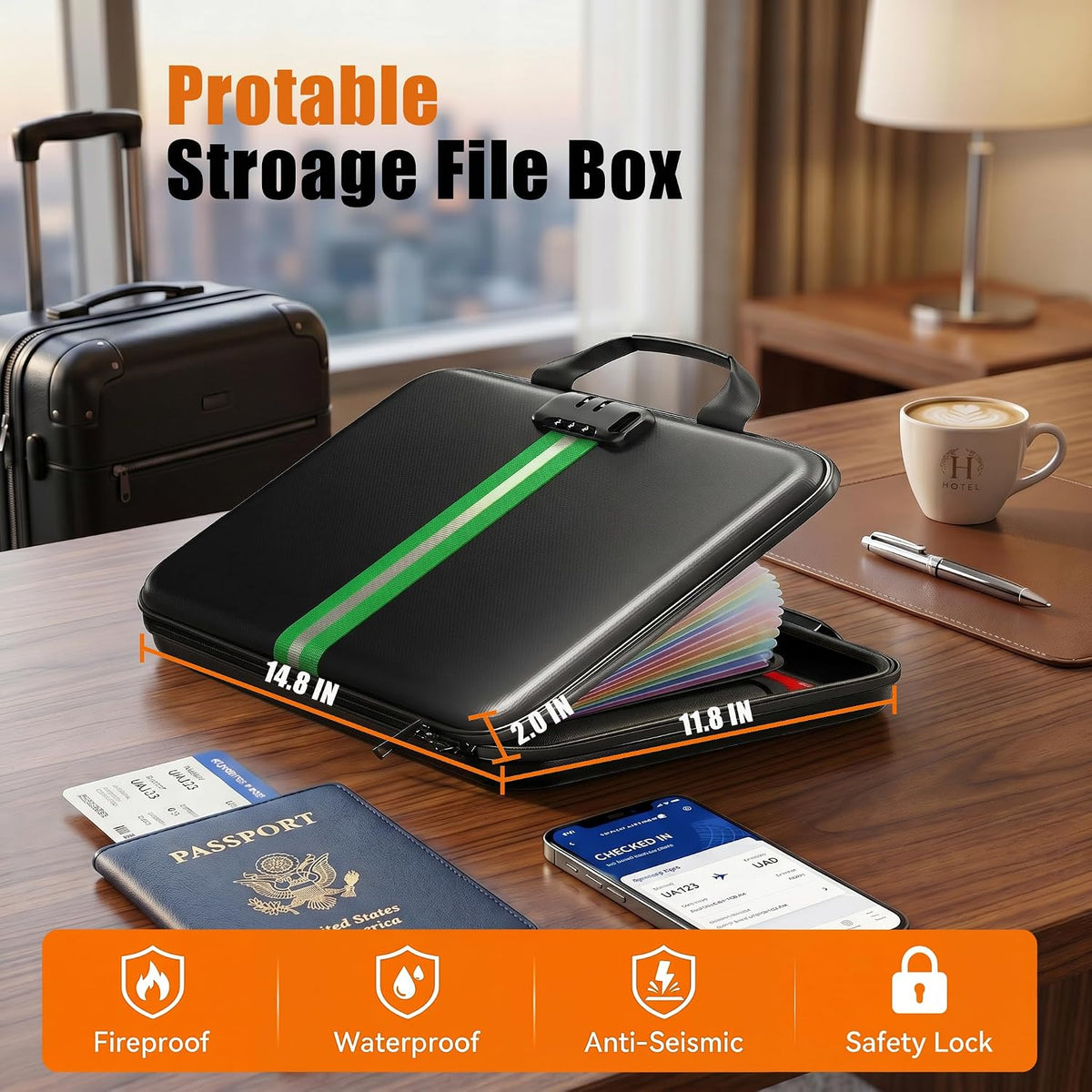 Fireproof Document Organizer with Lock, Semi-Rigid EVA Shell File Box with 13-Pocket Accordion Folder, Water-Resistant Storage for Important Documents, Passports & Certificates