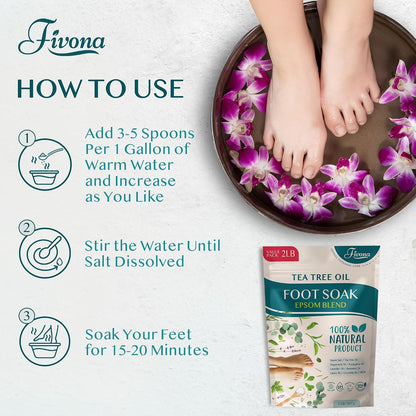 Fivona Tea Tree Foot Soak Blend 14.1 oz - Epsom Salt with Essential Oils for Healthy Toenails, Soothing Relief, Callus Softening - Pedicure Therapy for Soft, Rejuvenated Feet