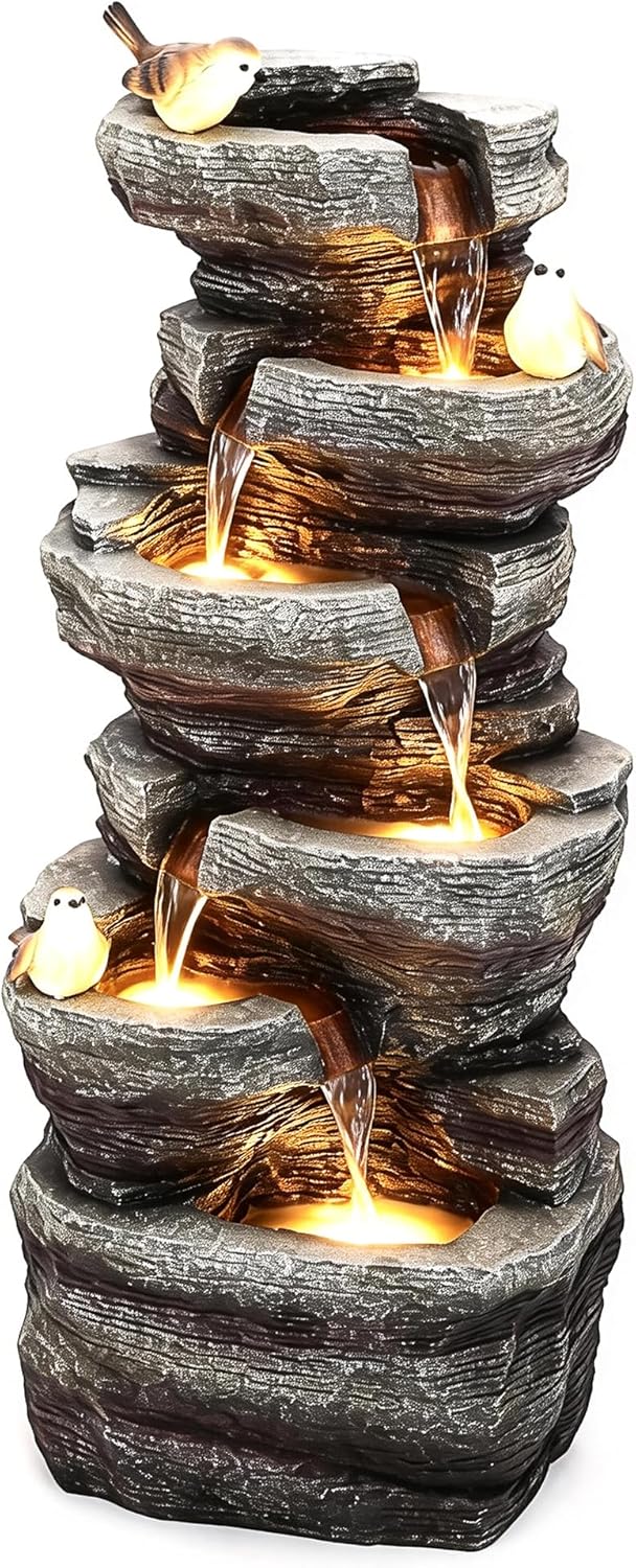 19.5" H 4-Tier Indoor & Outdoor Water Fountain with LED Lights | Resin Pebble Textured Tabletop Cascading Water Feature, Relaxing Decor for Patio, Porch, Deck, Yard & Home