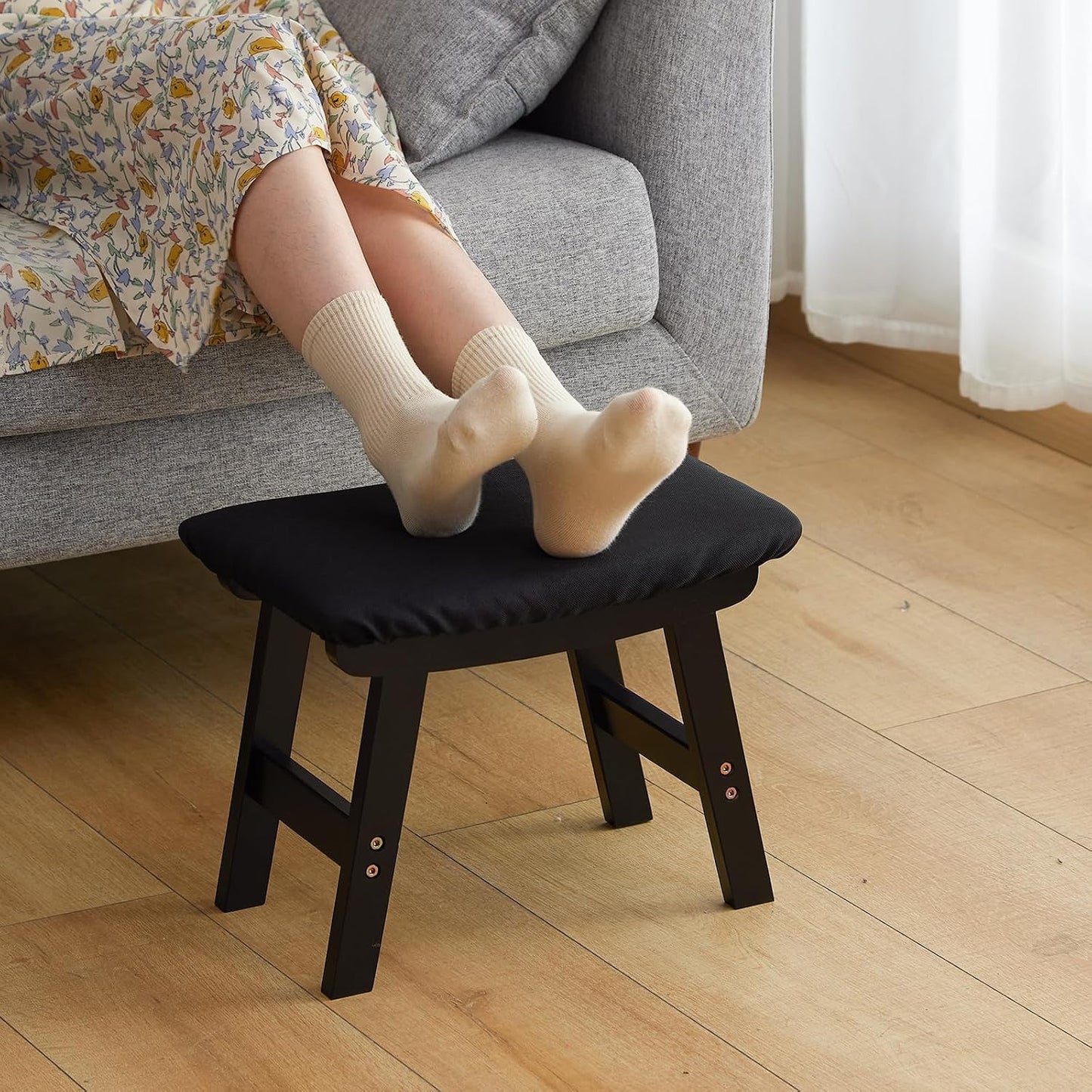 Foot Stool Ottoman Foot Rest Under Desk,Small Stool for Living Room, Bedroom and Kitchen (Brown Legs - Beige Stool Surface)