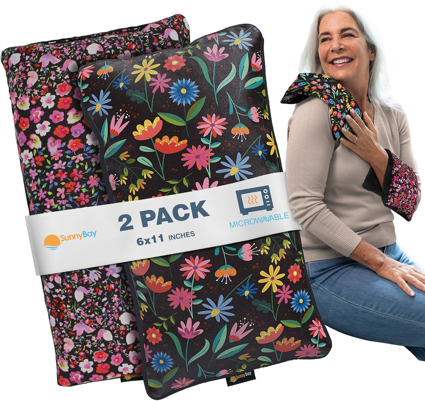 SunnyBay Small Microwave Heating Pad, Microwavable Versatile Cold/Heated Neck and Shoulder Wrap for Back Pain and More, Moist Heat Cotton-Fleece Pad, 6x11 Inches, Hot Pink and Red Flower, Pack of 2