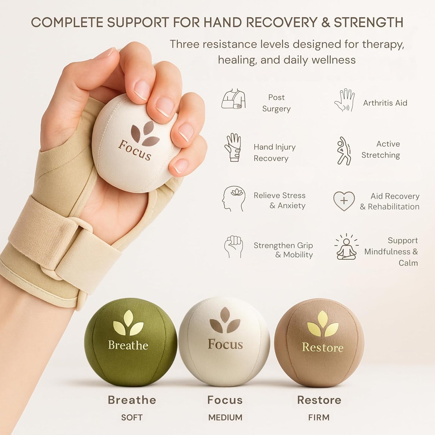MellowMinds Stress Balls for Adults — 3-Pack Therapy Hand Balls for Stress Relief, Anxiety & Focus | Soft, Medium & Firm Resistance | Premium Minimalist Desk Wellness Gift for Office & Home