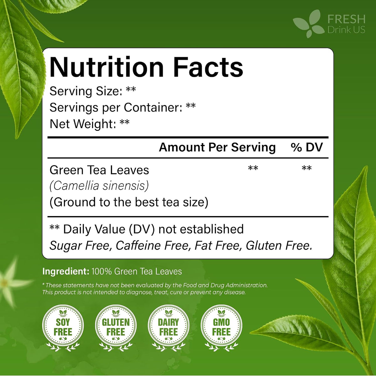 FreshDrinkUS, Premium Green Tea Bag, 175 Count, Pure, Resealable Pouch