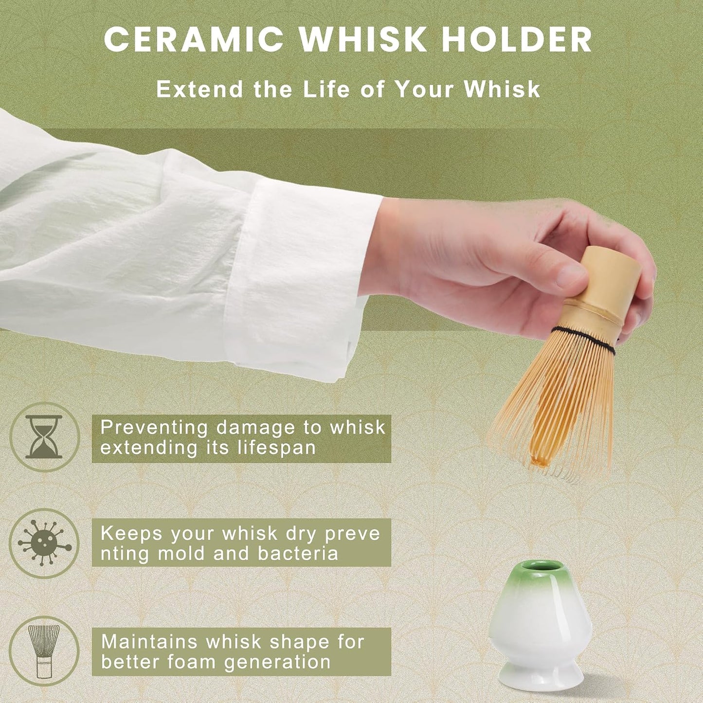 Matcha Whisk Set, Ceramic Matcha Set Includes Matcha Bowl, Matcha Whisk (Chasen) and Holder, Sifter, Bamboo Scoop & Spoon - 6 Pcs Matcha Kit for Matcha Lovers White