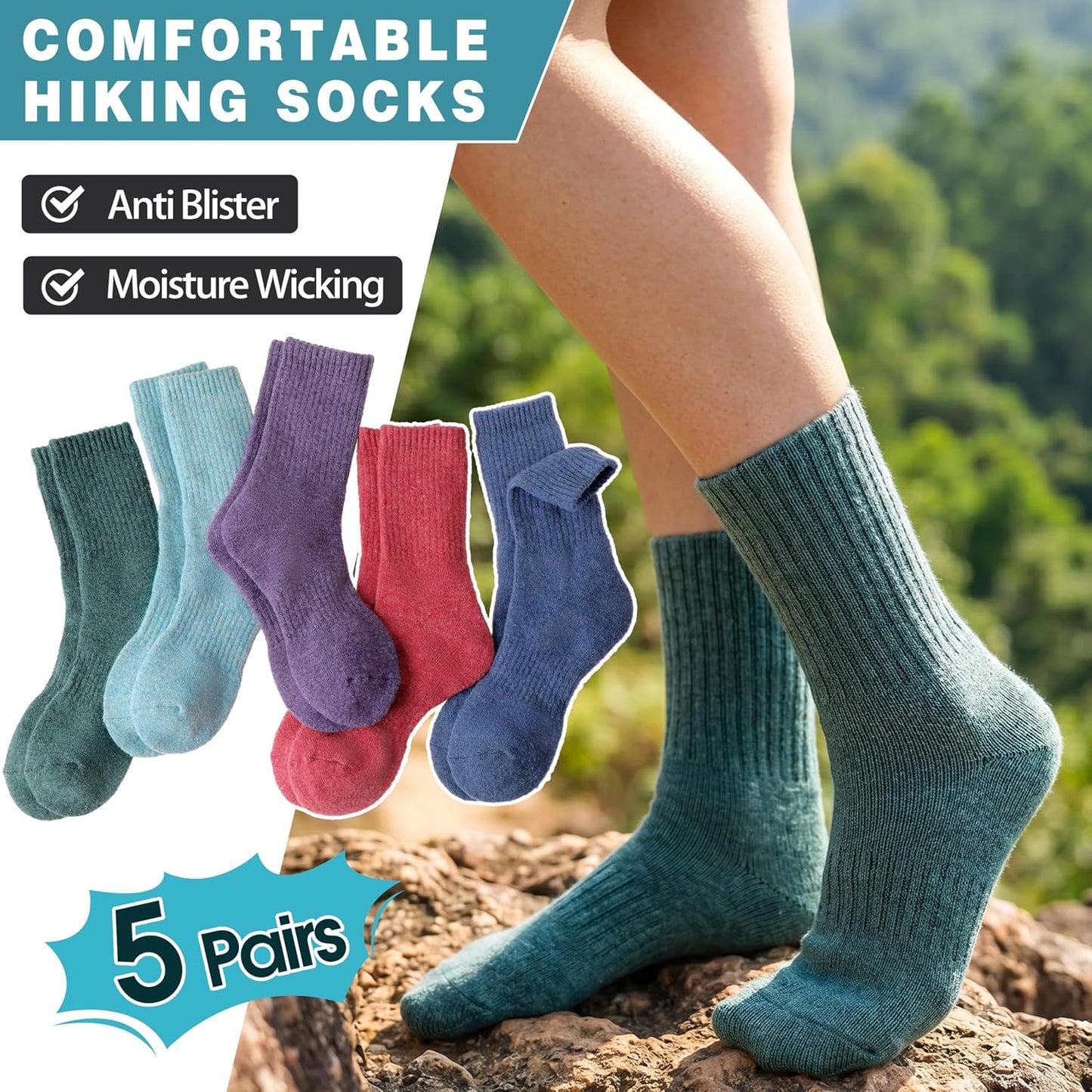 MOGGEI 5 Pairs Womens Merino Wool Socks Hiking Warm Winter Thick Thermal Crew Cozy Cabin Ladies Gift Comfy Boot Work Socks