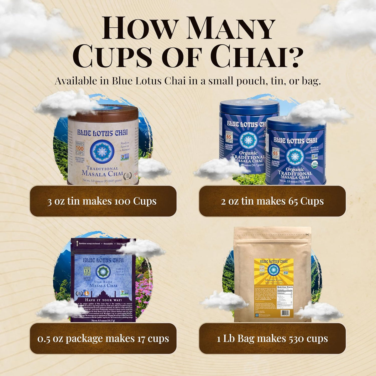 Blue Lotus Chai - Traditional Masala Chai - Makes 100 Cups - 3 Ounce Masala Spiced Chai Powder with Organic Spices - Instant Indian Tea No Steeping - No Gluten