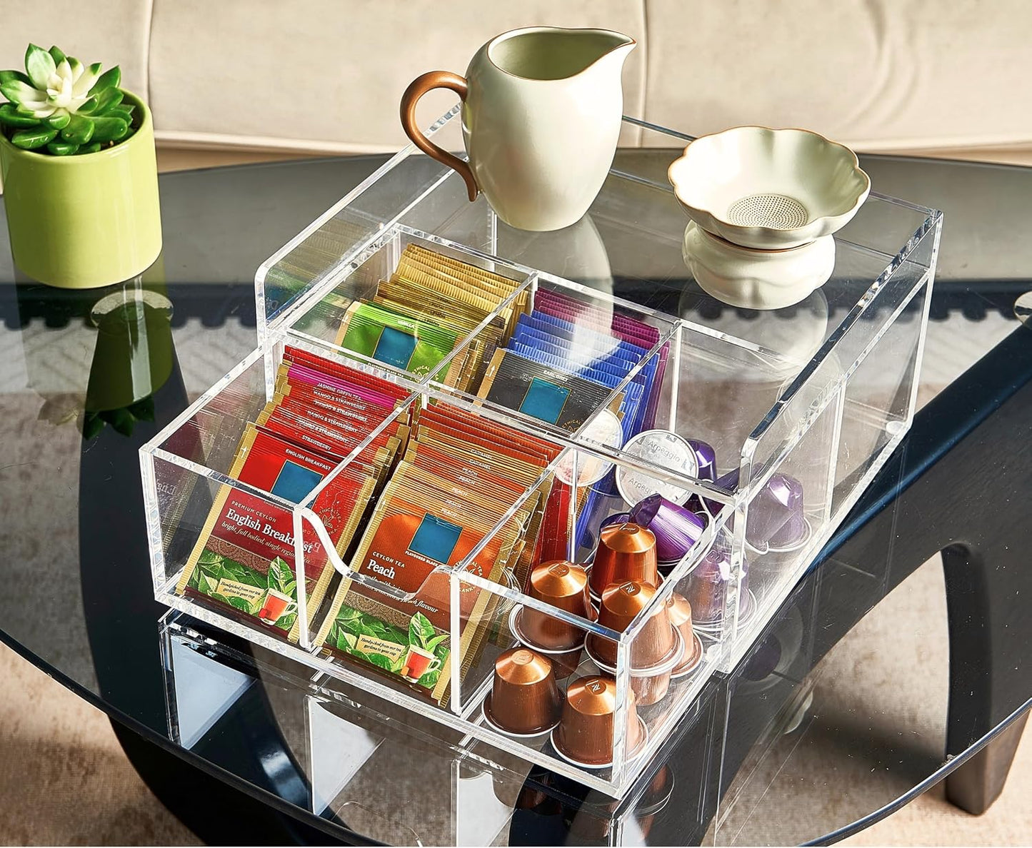 Heavy-Duty Acrylic Tea Bag Organizer, 8-Compartment Storage Box | Perfect Organizer: 8-compartment design keeps tea bags and coffee pods neatly sorted, saving space on your countertop.