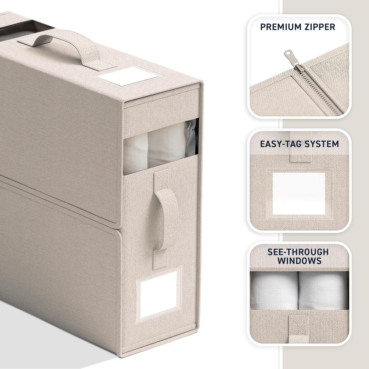 Ornavo Home Linen Bed Sheet Organizer Bins 4 Pack, With Handles, Beige