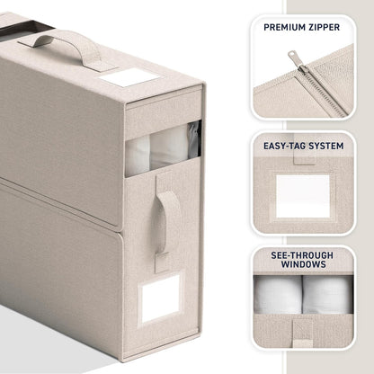 Ornavo Home Linen Bed Sheet Organizer Bins 4 Pack, With Handles, Beige