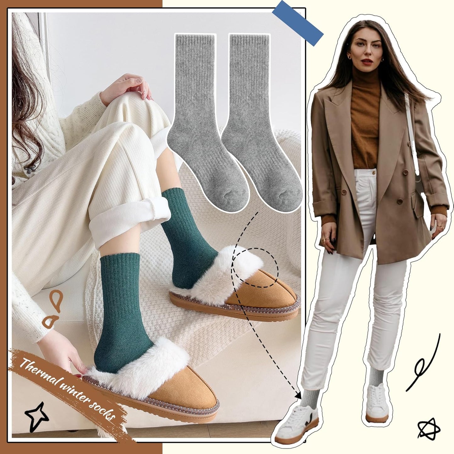 EBMORE 5 Pairs Women Merino Wool Boot Socks Warm Thermal Winter Thick Hiking Cozy Cabin Crew Comfy Socks for Ladies