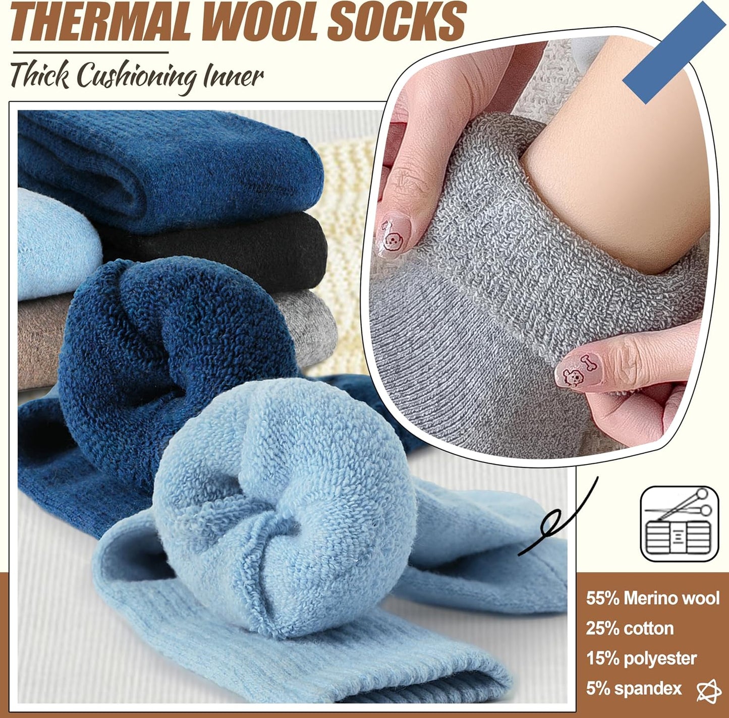 EBMORE 5 Pairs Women Merino Wool Boot Socks Warm Thermal Winter Thick Hiking Cozy Cabin Crew Comfy Socks for Ladies