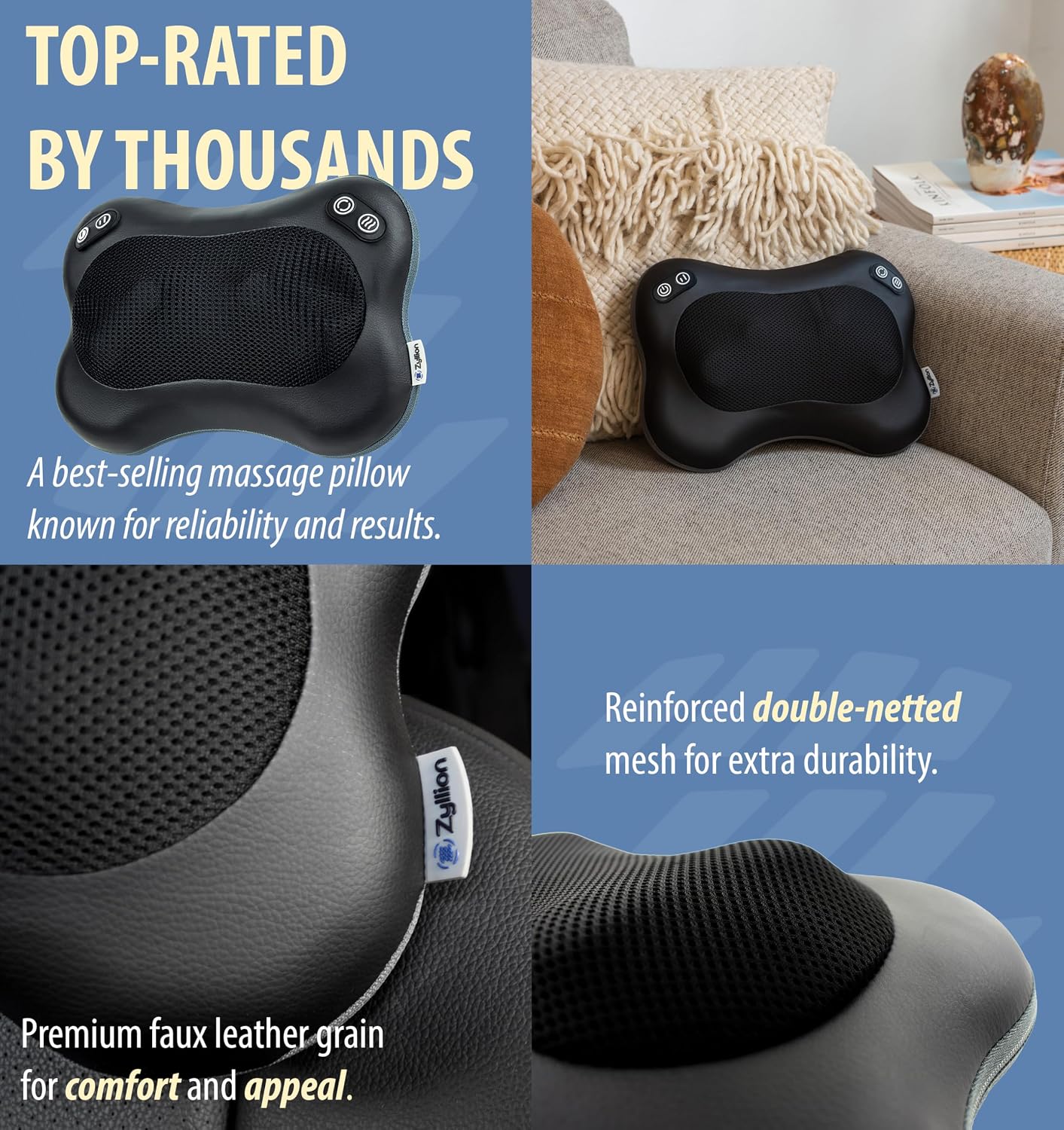 Zyllion Shiatsu Back and Neck Massager with Heat - 3D Electric Kneading Deep Tissue Massage Pillow with 8 Massaging Nodes for Muscle Pain Relief, Black, ZMA-25