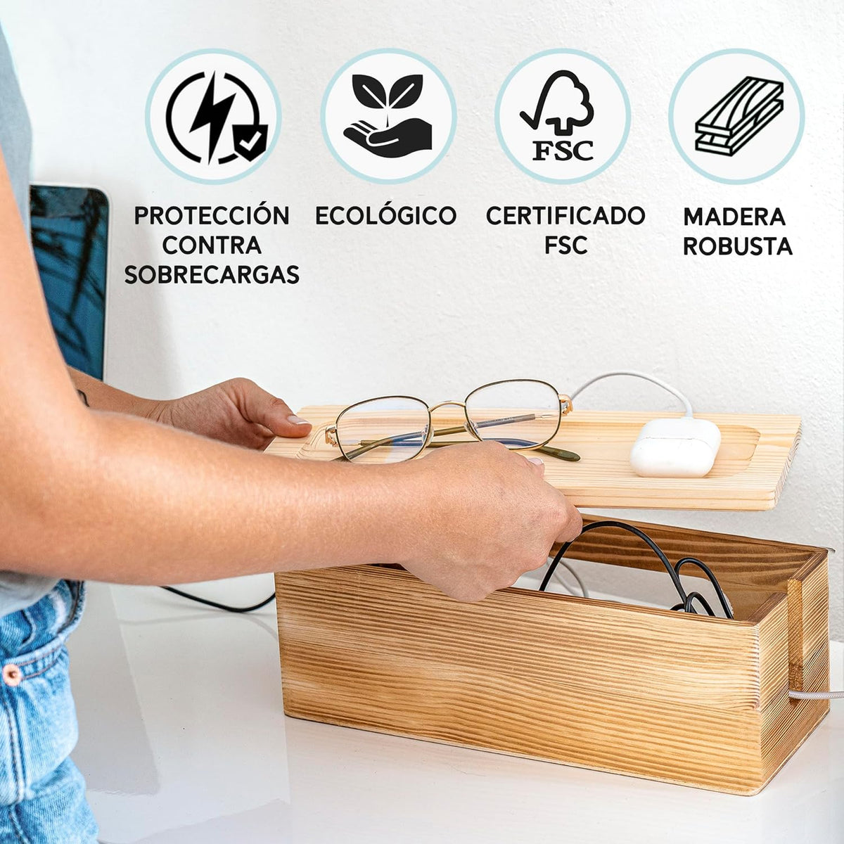 NATURE SUPPLIES Set of Two Natural Wood Cable Management Box, Large and Medium Cord Organizer to Hide Wires and Power Strips for TV, Desk, Computer, Router, Cable Storage and Cord Organization