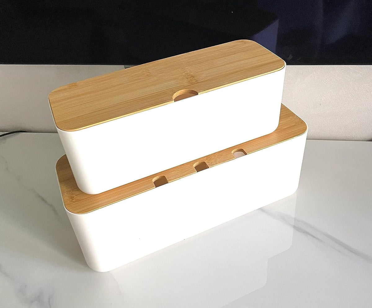Cable Management Box with Bamboo Lid, Small Power Strip Organizer, Black
