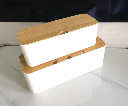 Cable Management Box with Bamboo Lid, Small Power Strip Organizer, Black