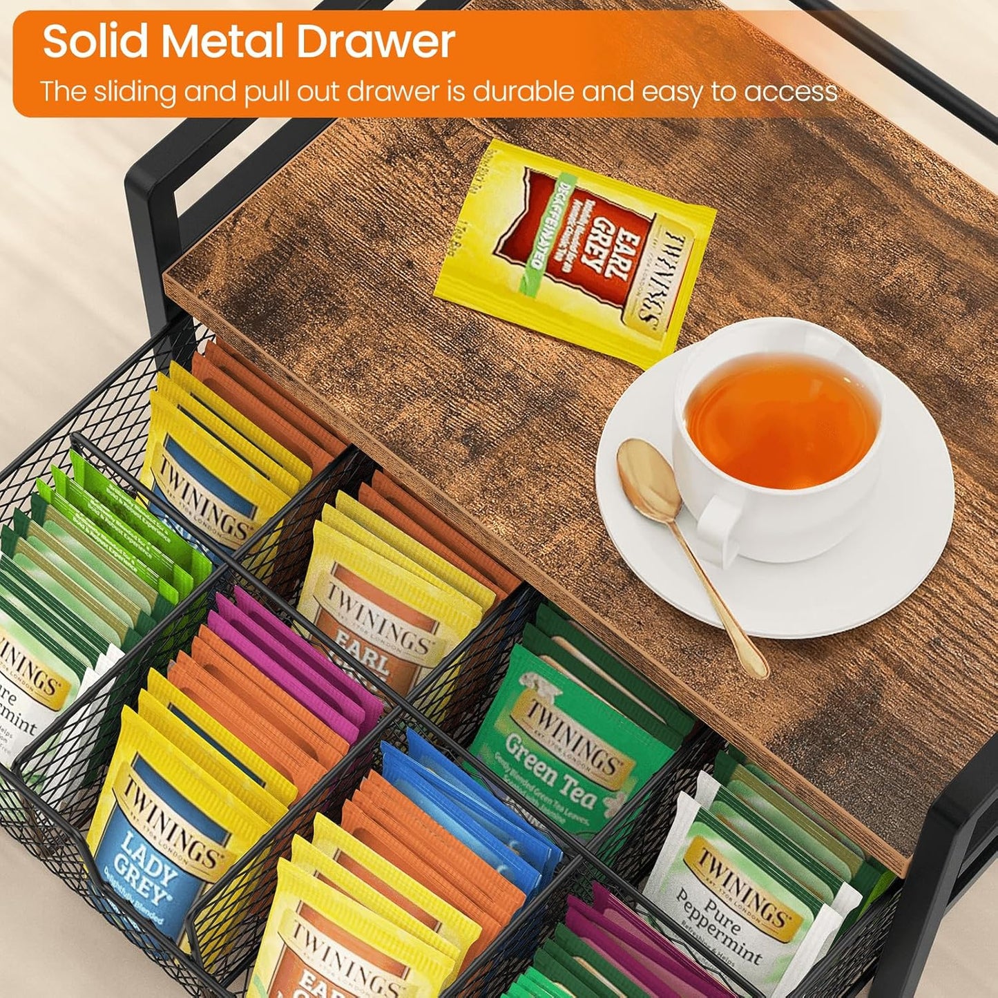 Homode Wood Tea Bag Organizer, Teabag Holder with Drawer, Tea Organizers and Storage Box, 8 Compartments Tea Caddy Station Chests Display Container for Counter Kitchen, Black