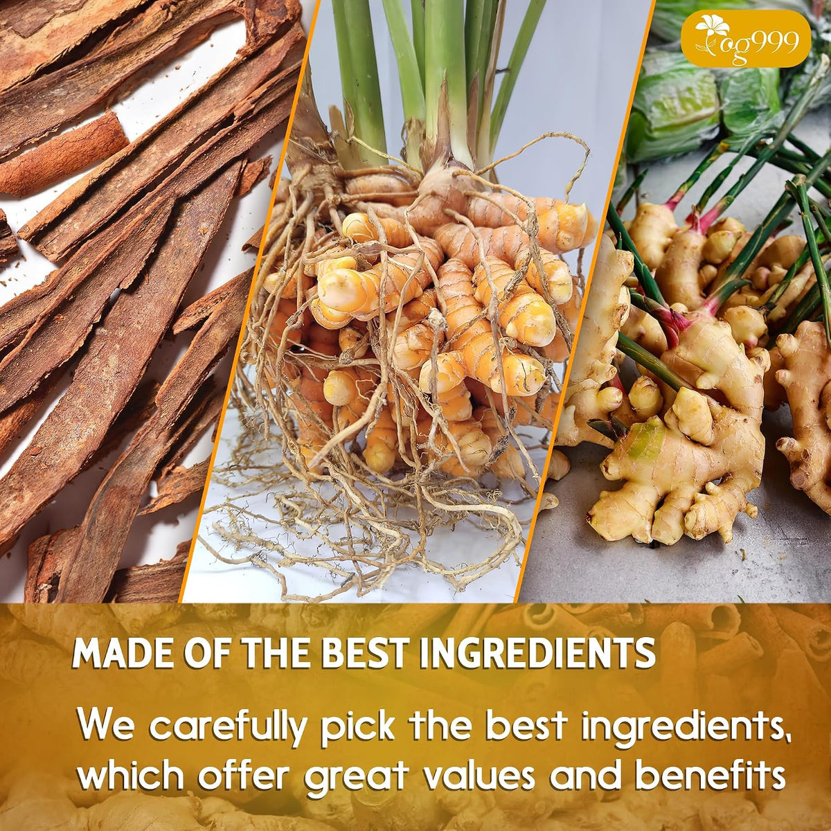 TOG999, 30 Bags Premium Turmeric Ginger Cinnamon Tea, Improve Digestion, Support Brain, Weight, Skin and Sleep, Eco-Conscious Tea Bags and Premium Natural Ingredients. Turmeric Ginger Herbal Tea. No Sugar, No Caffeine, No Gluten, Vegan.