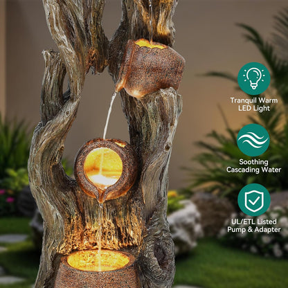 19.5" H 4-Tier Indoor & Outdoor Water Fountain with LED Lights | Resin Pebble Textured Tabletop Cascading Water Feature, Relaxing Decor for Patio, Porch, Deck, Yard & Home