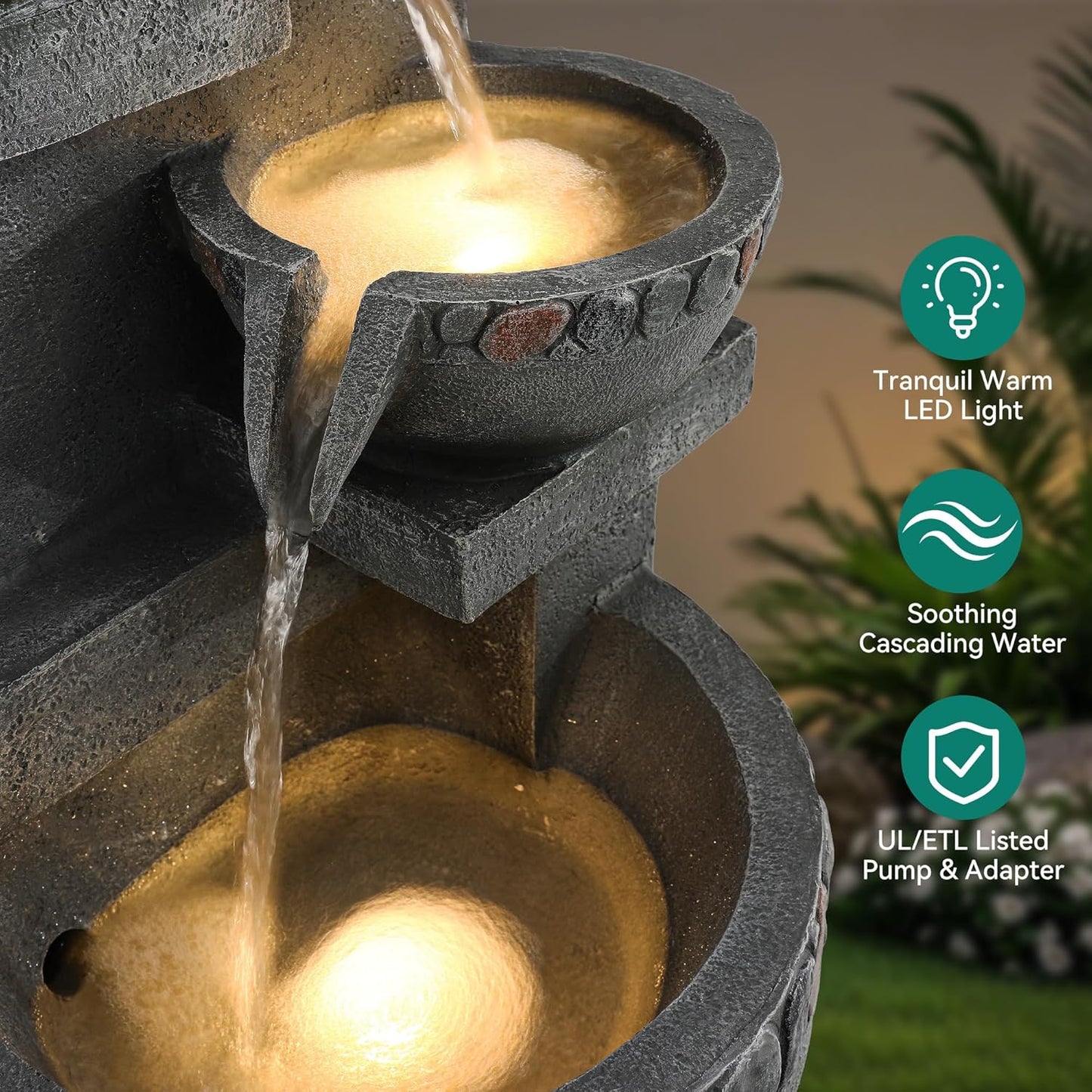 19.5" H 4-Tier Indoor & Outdoor Water Fountain with LED Lights | Resin Pebble Textured Tabletop Cascading Water Feature, Relaxing Decor for Patio, Porch, Deck, Yard & Home