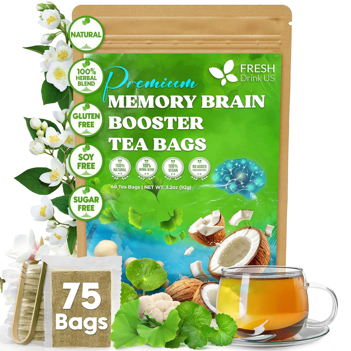 FreshDrinkUS, Memory Brain Booster Tea Bags | 75 Count | Ginkgo Biloba, Gotu Kola, Lion’s Mane Mushroom, MCT Coconut Oil | Herbal Blend | Naturally Flavorful, No Additives, Caffeine-Free