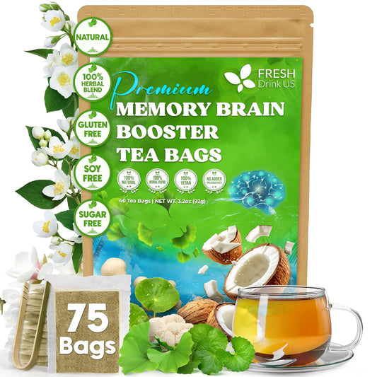 FreshDrinkUS, Memory Brain Booster Tea Bags | 75 Count | Ginkgo Biloba, Gotu Kola, Lion’s Mane Mushroom, MCT Coconut Oil | Herbal Blend | Naturally Flavorful, No Additives, Caffeine-Free