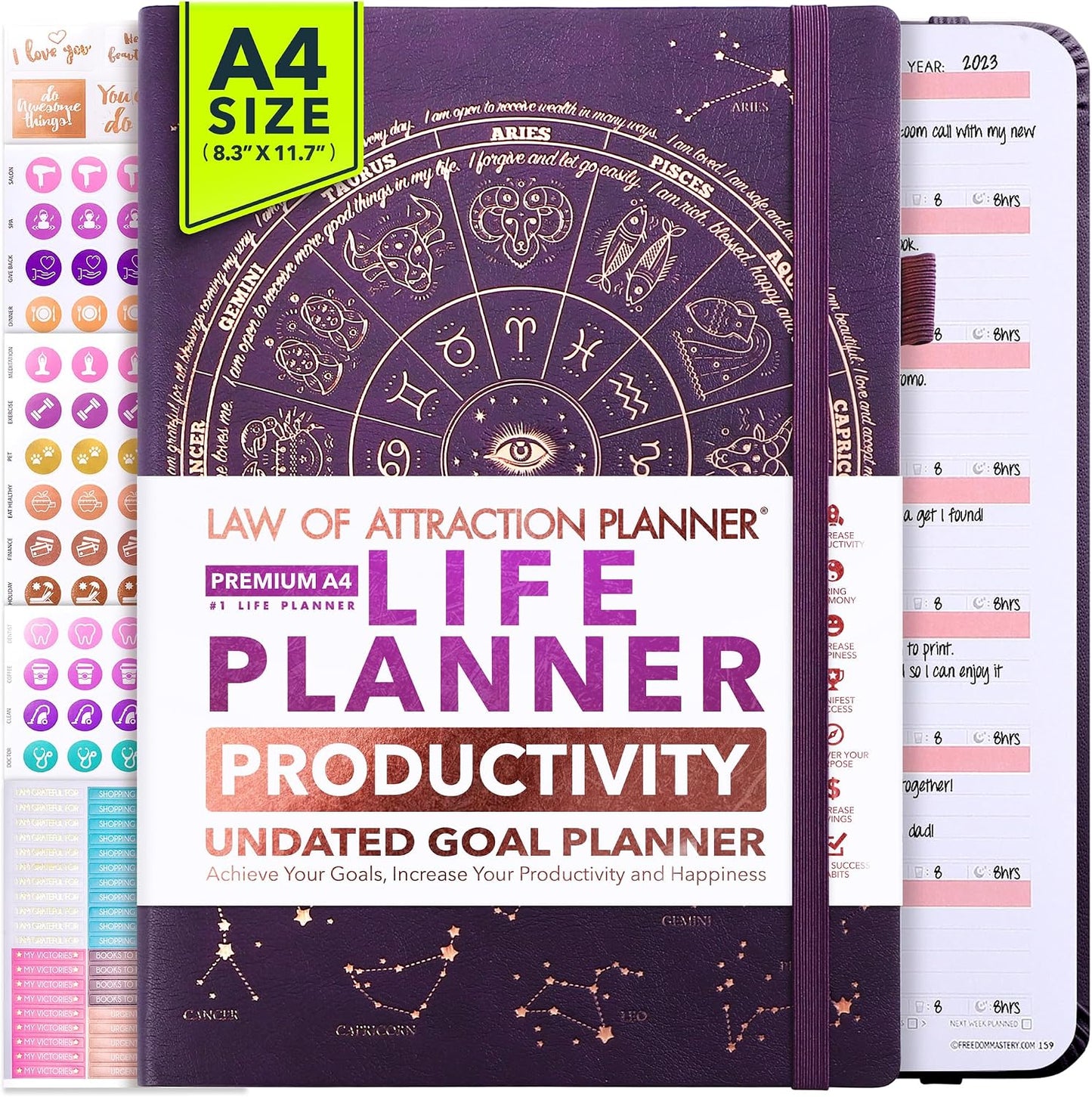Life Planner - Undated Weekly & Monthly Planner, 12-Month Journey to Increase Productivity | Gratitude Journal, Life Organizer & Goal Journal | Include Foldable Vision Board, Habit Tracker & Stickers