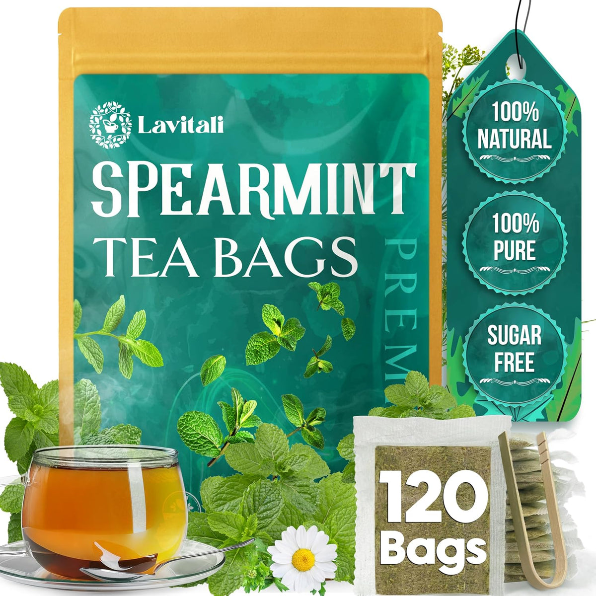 Lavitali, Spearmint Leaves Tea Bag | 120 bags, 100% Pure Herbal Tea | Caffeine-Free, Antioxidant-Rich, Eco-Friendly Filter Bag | Daily Natural Botanical, Hot or Iced Herbal Infusion