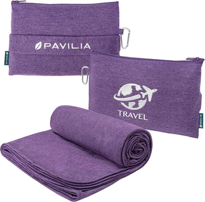 PAVILIA Travel Blanket Airplane Compact Pillow with Bag for Flights, Navy