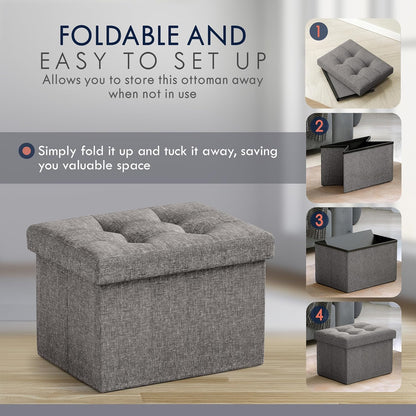 Ornavo Home Small Storage Ottoman Foldable Collapsible Rectangle Linen Ottoman Foot Rest Stool Seat, for Living Room, Bedroom, Home Office, Dorm - 12 x 16 x 12, Black