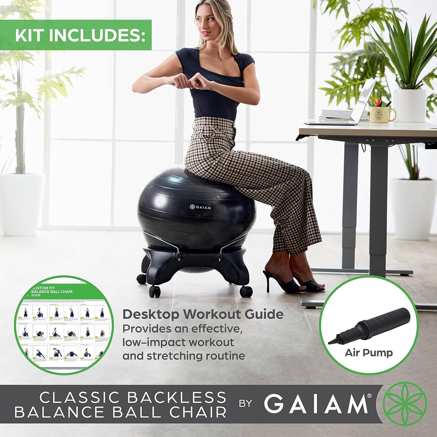 Gaiam Classic Balance Ball Chair – Ergonomic Stability Chair for Desk & Office | Yoga Ball Seat with Base, Air Pump, & Exercise Guide | Improves Posture & Core Strength (300 lb Capacity)