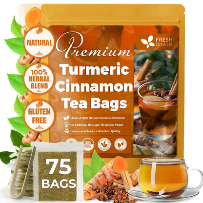 FreshDrinkUS, Premium Turmeric Cinnamon Tea - 75 Bags, 100% Natural, Blend of Turmeric, and Cinnamon. Made with Eco-Conscious Tea Bags. No Sugar. No Caffeine. Vegan.