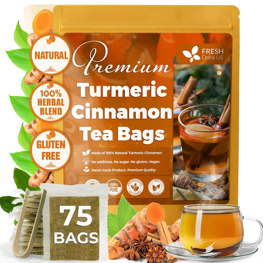 FreshDrinkUS, Premium Turmeric Cinnamon Tea - 75 Bags, 100% Natural, Blend of Turmeric, and Cinnamon. Made with Eco-Conscious Tea Bags. No Sugar. No Caffeine. Vegan.