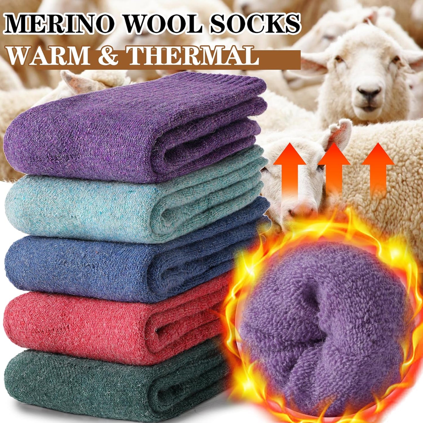MOGGEI 5 Pairs Womens Merino Wool Socks Hiking Warm Winter Thick Thermal Crew Cozy Cabin Ladies Gift Comfy Boot Work Socks