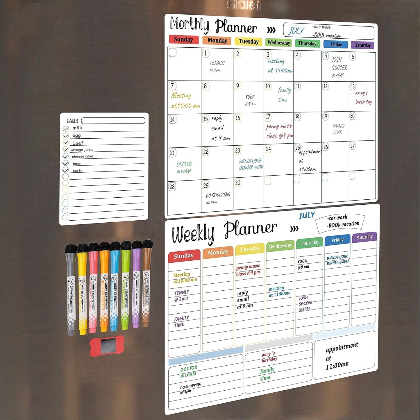 Hivillexun Magnetic Black Dry Erase Calendar White Board Set (3-Pack) - Monthly, Weekly Planners & Daily Notepad for Fridge, Home & Office, Includes 8 Markers