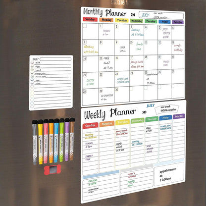 Hivillexun Magnetic Black Dry Erase Calendar White Board Set (3-Pack) - Monthly, Weekly Planners & Daily Notepad for Fridge, Home & Office, Includes 8 Markers