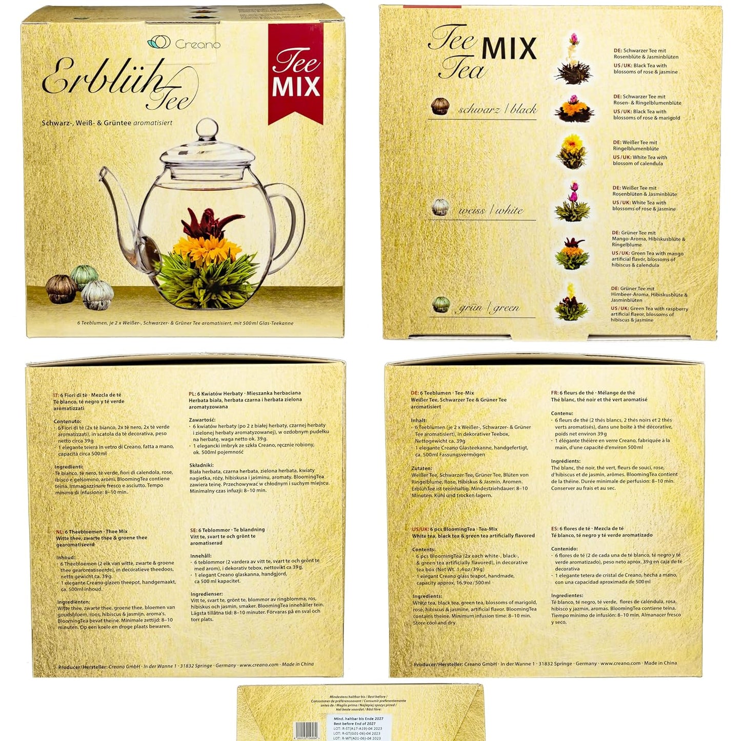 Creano Blooming Tea Gift Set with Glass Teapot 17oz (500ml) - Green Tea Fruity Flavoured Tea Flowers in 6 Varieties - Flowering Tea Gift for Easter