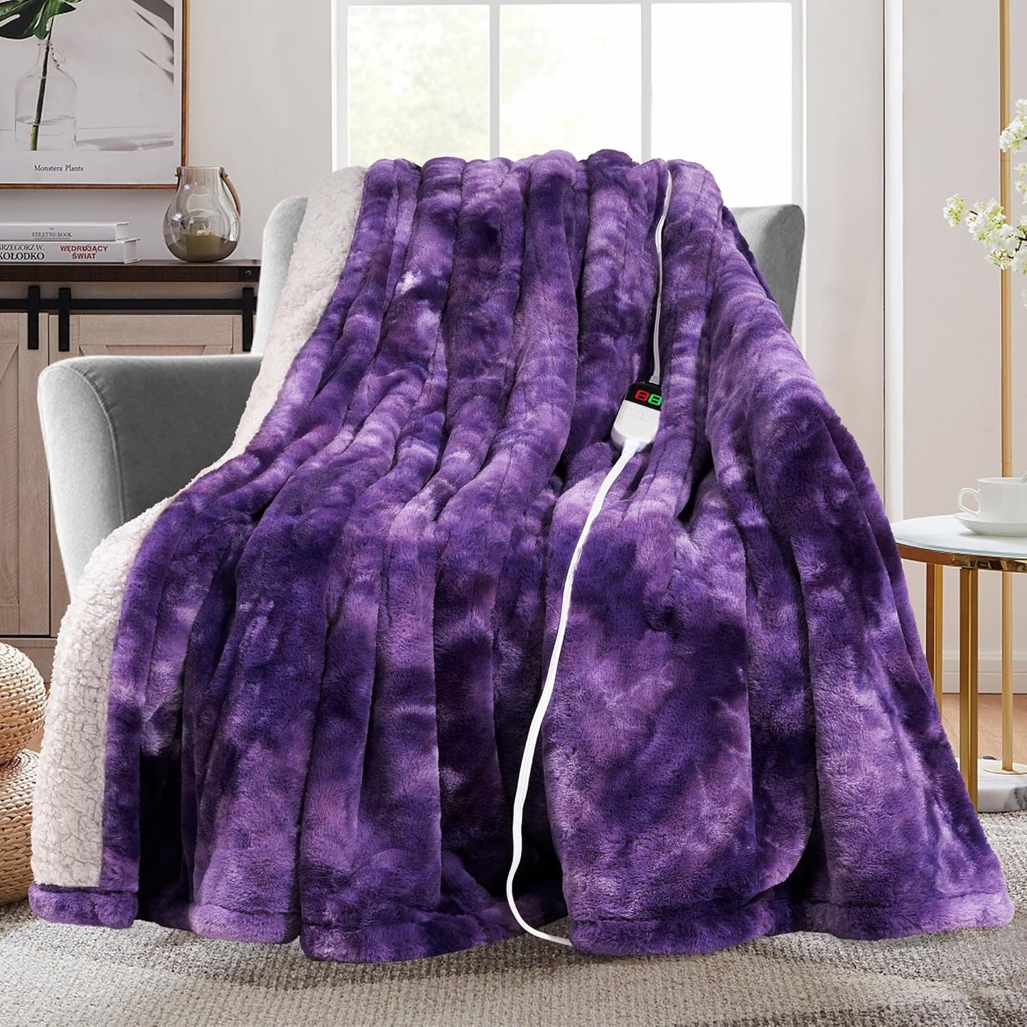 MAXEVE Electric Heated Throw Faux Rabbit Fur Blanket with 8 Heating Levels & 8 Hours Auto Off, Fast Heating Warm Cozy Sherpa Washable Blanket with Over-Heat Protection, ETL Certification, Grey