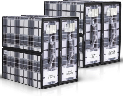 4 Pack Bed Sheet Organizer and Storage with Zipper – Linen Closet Organizers for Full, King, Queen & Twin Sheet Sets, Bedding Storage for Blankets and Duvet Covers, Black