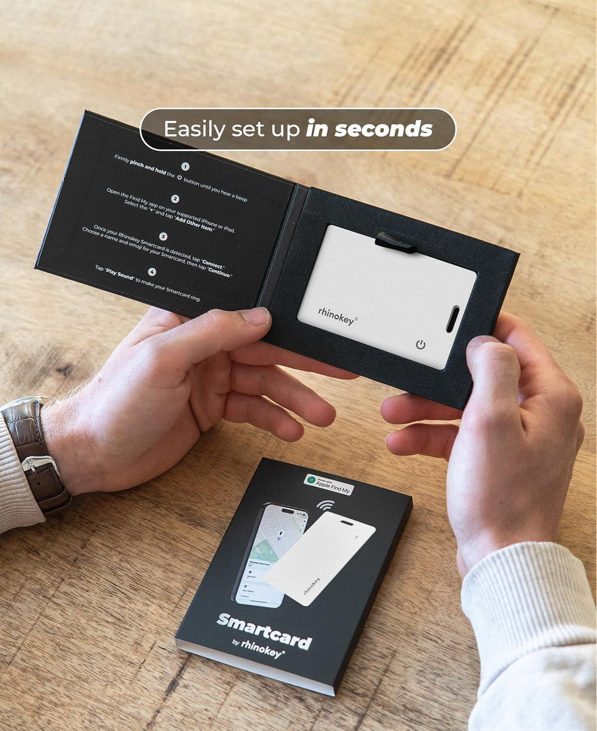 Rhinokey® Apple Find My Wallet Tracker Card, MFi Certified Bluetooth Tracker for iPhone, 0.07in Slim Credit Card Item Finder, IP68 Waterproof Rechargeable, Locator for Wallet, Luggage, Passport