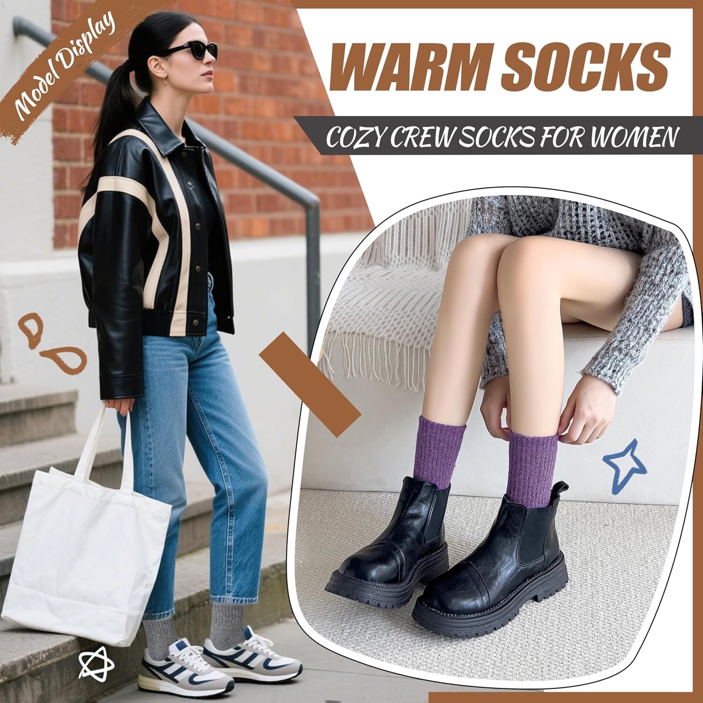 EBMORE Merino Wool Socks for Women Hiking Thermal Warm Winter Thick Boot Cozy Crew Comfy Work Socks for Ladies 5 Pairs
