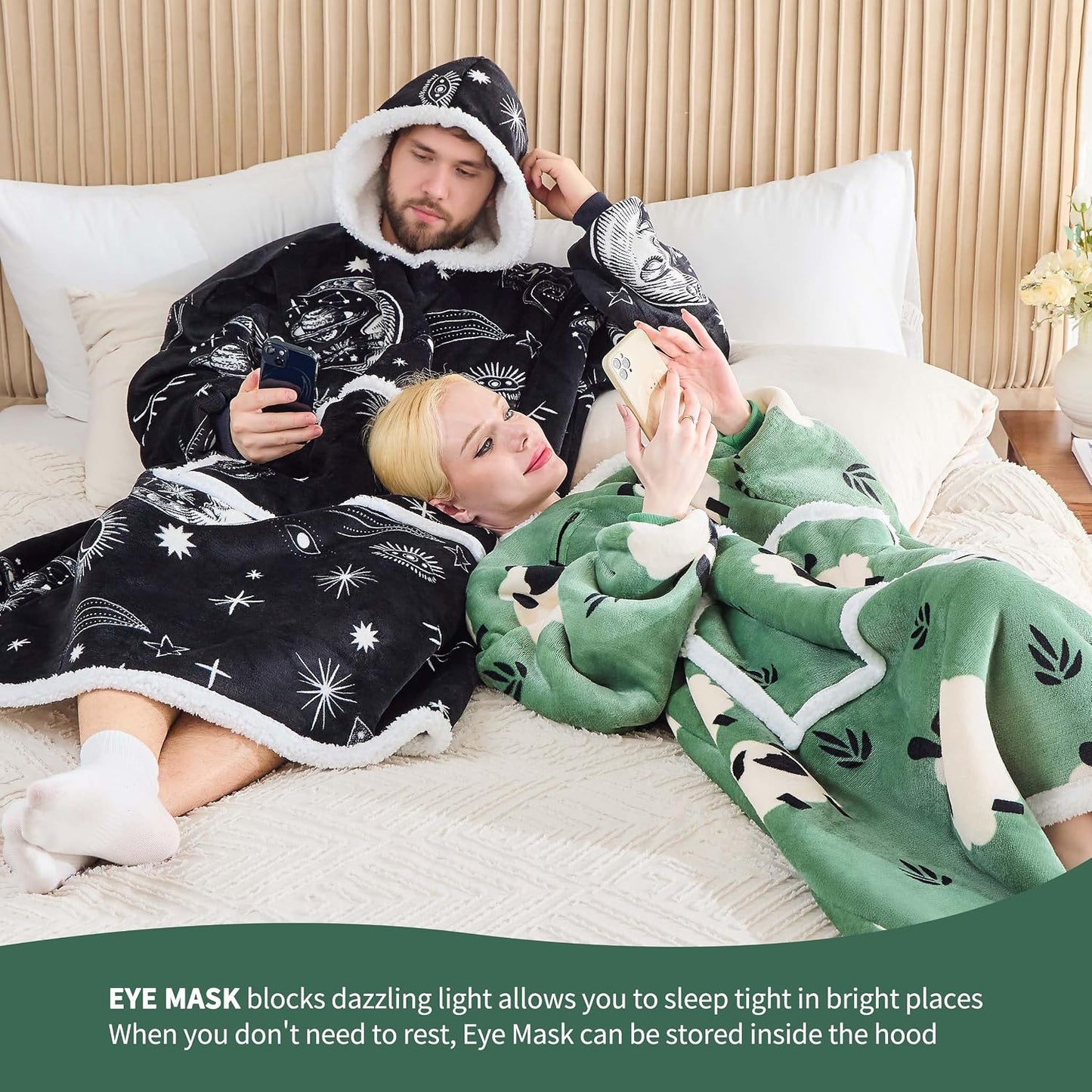 IFNOW Wearable Blanket Hoodie, Oversized Sherpa Fleece Hooded Blanket Sweatshirt with Eye Mask and Pocket, Comfy Long Flannel Blanket for Adults Men,Gifts for Women Mom Girlfriend,MoonFace