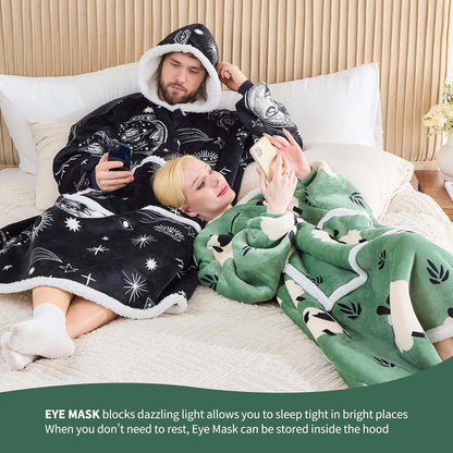 IFNOW Wearable Blanket Hoodie, Oversized Sherpa Fleece Hooded Blanket Sweatshirt with Eye Mask and Pocket, Comfy Long Flannel Blanket for Adults Men,Gifts for Women Mom Girlfriend,MoonFace