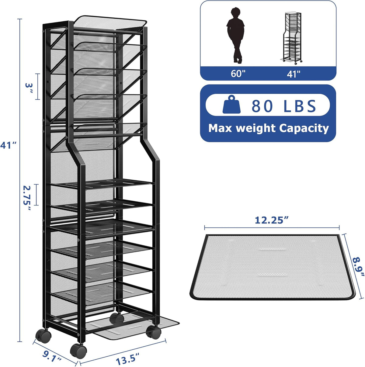Simple Trending 12-Tier Rolling File Cart, Desk File Organizer with 11 Mesh Sliding Trays, Letter & Legal Paper Storage Rolling Utility Cart for Office Home School, Black