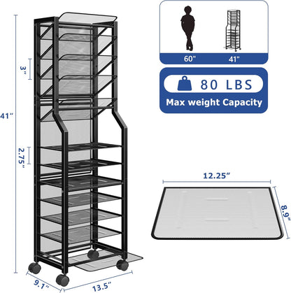 Simple Trending 12-Tier Rolling File Cart, Desk File Organizer with 11 Mesh Sliding Trays, Letter & Legal Paper Storage Rolling Utility Cart for Office Home School, Black