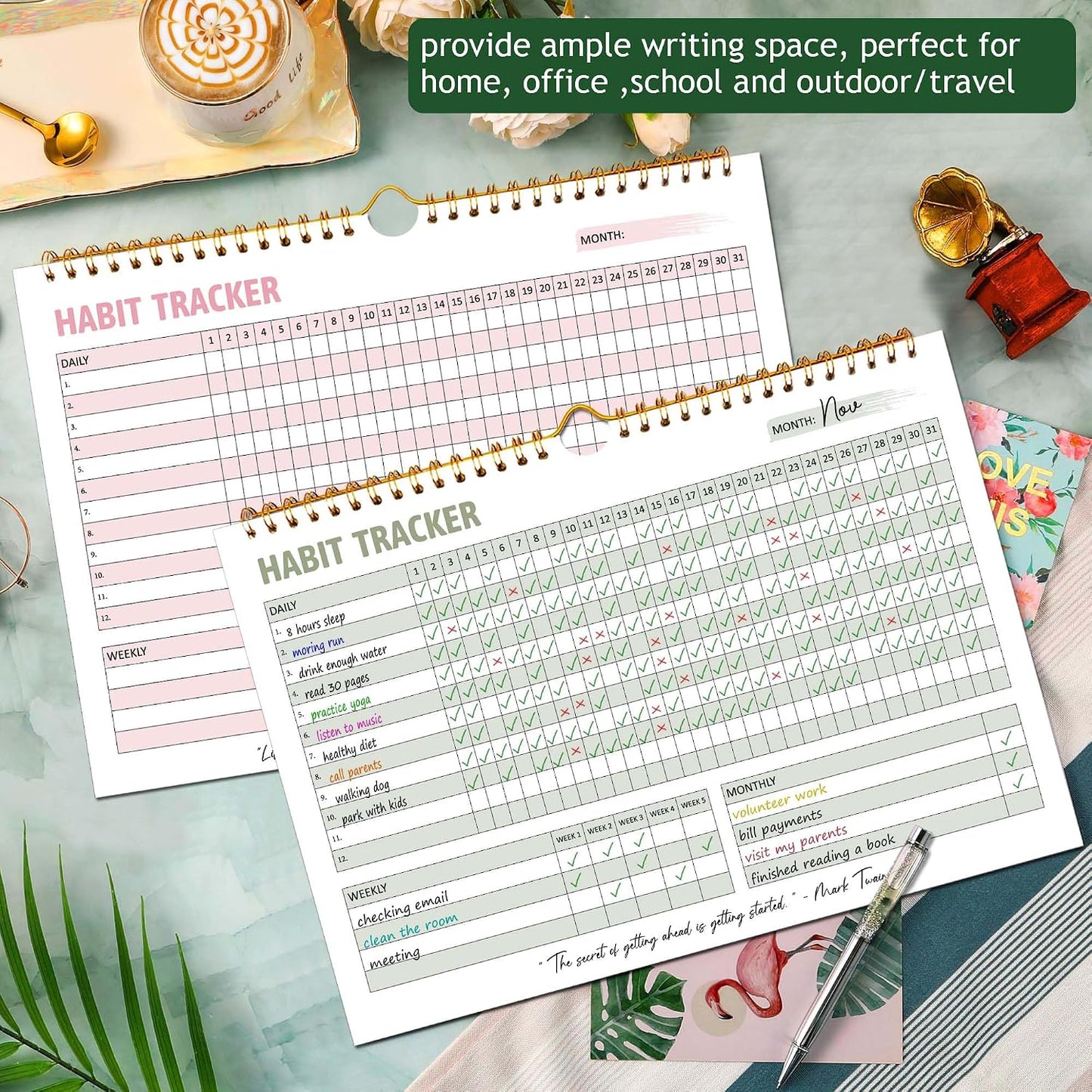 Habit Tracker Calendar, Daily Weekly Goal and Habit Tracker Journal, 12 Months Undated Habits Tracker Planner with Spiral Binding, Boost Productivity Tool and Workout Calendar, 11.7"x8.5"