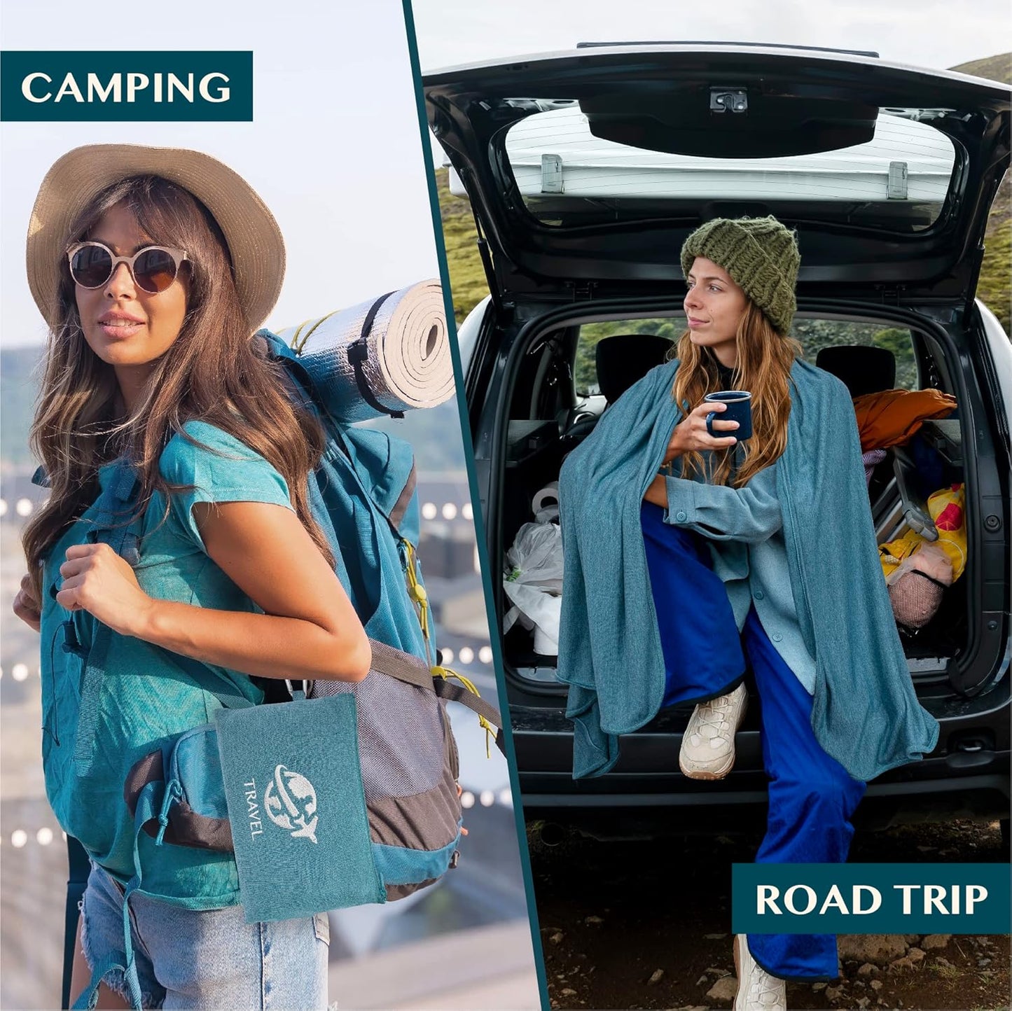 PAVILIA Travel Blanket Compact, Airplane Packable Bag, Soft Fleece Portable Throw Pillow Combo Set, Plane Flight Car Trips Essentials Gift Accessories, Luggage Backpack Clip, Navy Blue, 65 x 40 inch