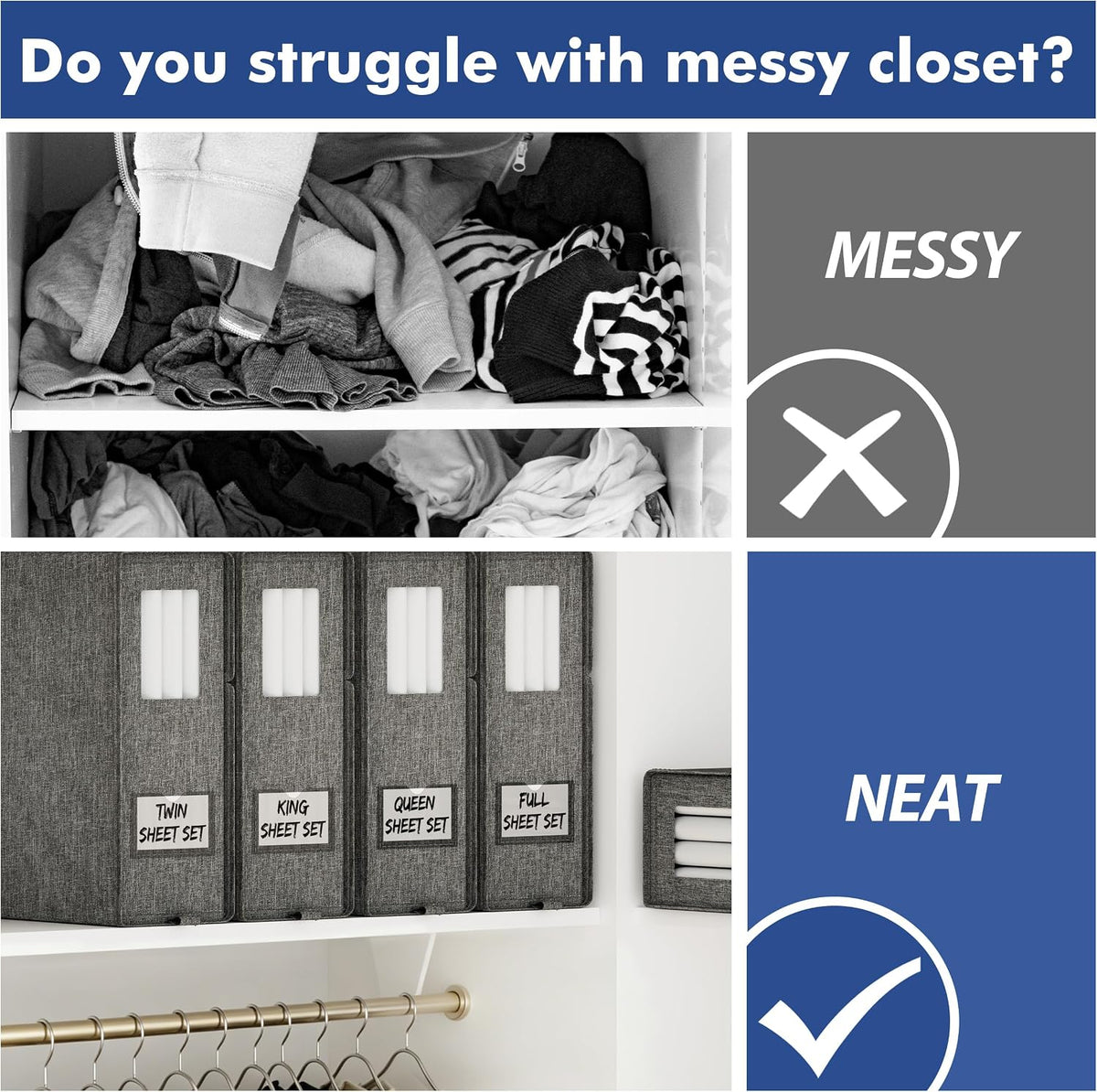 Furnhome Bed Sheet Organizers and Storage, Foldable Linen Closet Organizer Box with Clear Window, Labels & Reinforced Handles, Stackable Space Saving Bedding Storage for King Queen Sheet Set