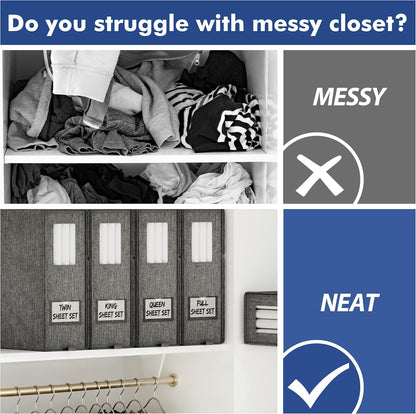 Furnhome Bed Sheet Organizers and Storage, Foldable Linen Closet Organizer Box with Clear Window, Labels & Reinforced Handles, Stackable Space Saving Bedding Storage for King Queen Sheet Set